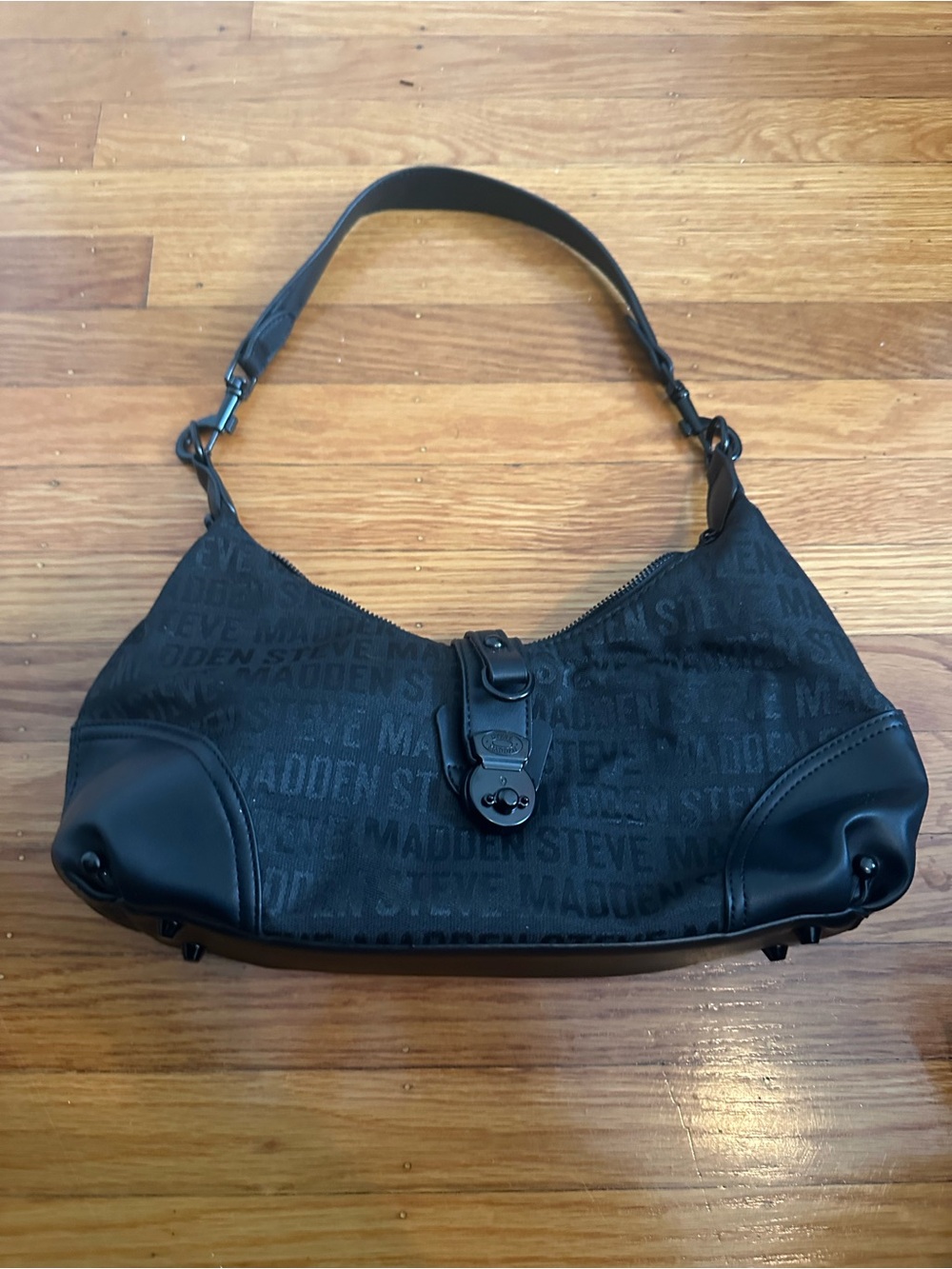 Steve Madden Black Logo Shoulder Bag with Buckle Accent